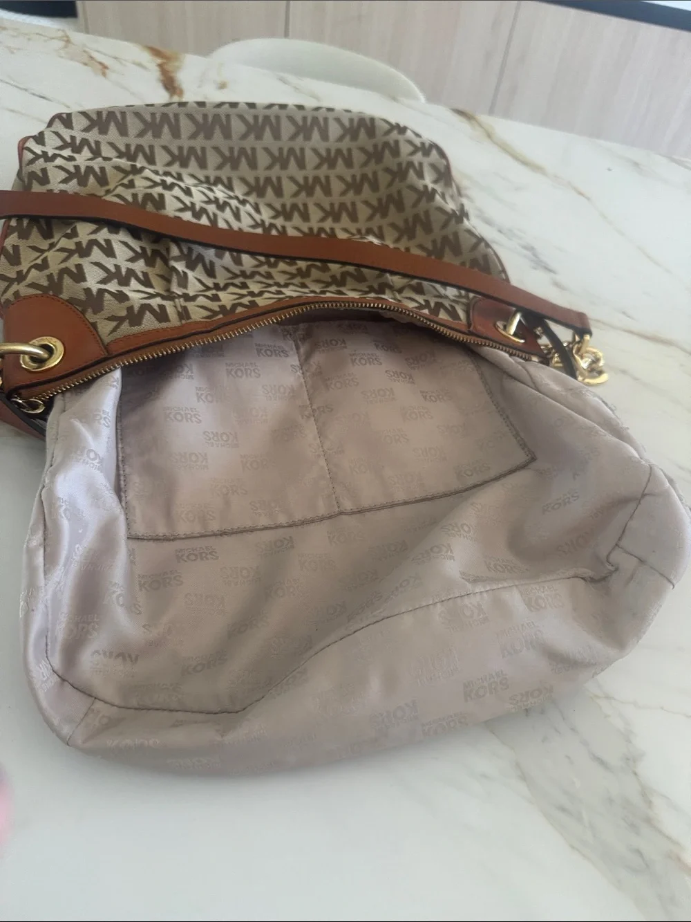 Michael Kors Beige and Brown MK Monogram Crossbody Bag